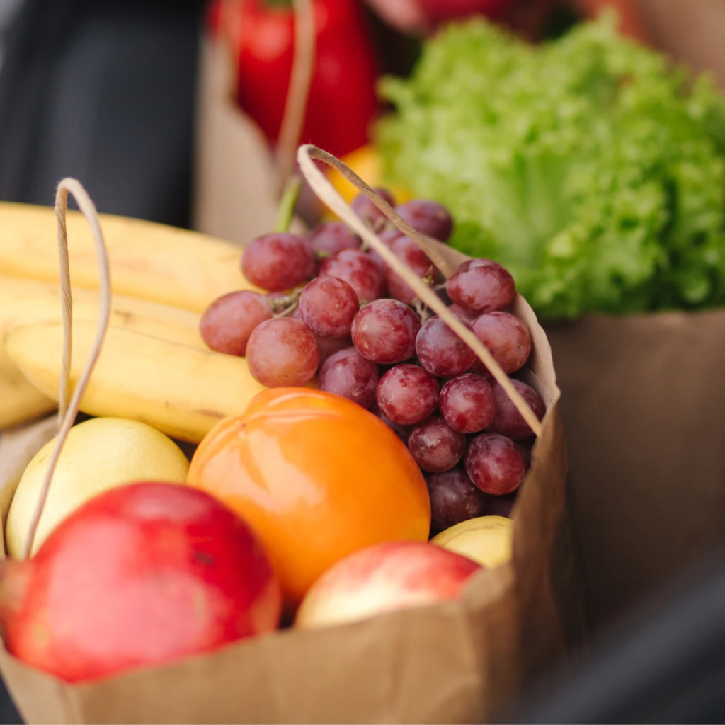 Two bags of groceries for road trip lunch ideas