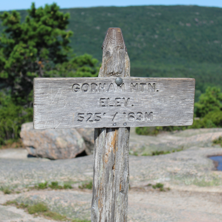 Showing the summit sign for Gorham Mountain Trail