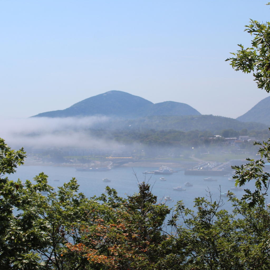 Viewing the town of Bar Harbor with fog front he summit