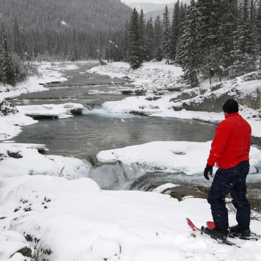 Snowshoeing along a river